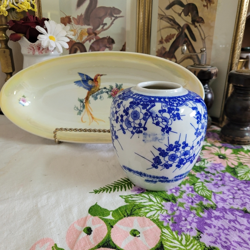 Vintage Wales Blue And White Ceramic Vase Cherry Blossom Japan